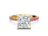 Yellow gold Princess Cut Diamond Solitaire Ring with Round with Pink Sapphire side stone Pavé Band and Prong Setting_12
