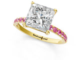 Yellow gold Princess Cut Diamond Solitaire Ring with Round with Pink Sapphire side stone Pavé Band and Prong Setting_13