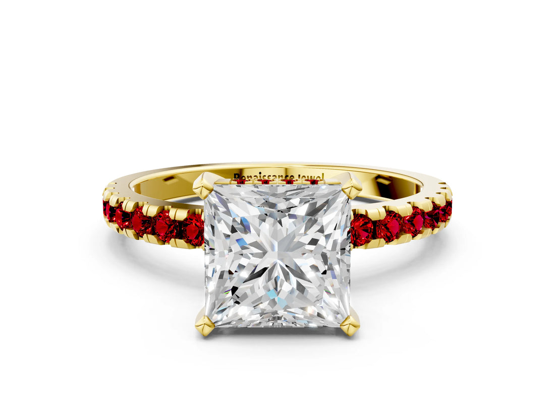 Yellow gold Princess Cut Diamond Solitaire Ring with Round with Ruby side stone Pavé Band and Four-Prong Setting_36