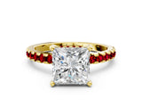 Yellow gold Princess Cut Diamond Solitaire Ring with Round with Ruby side stone Pavé Band and Four-Prong Setting_36