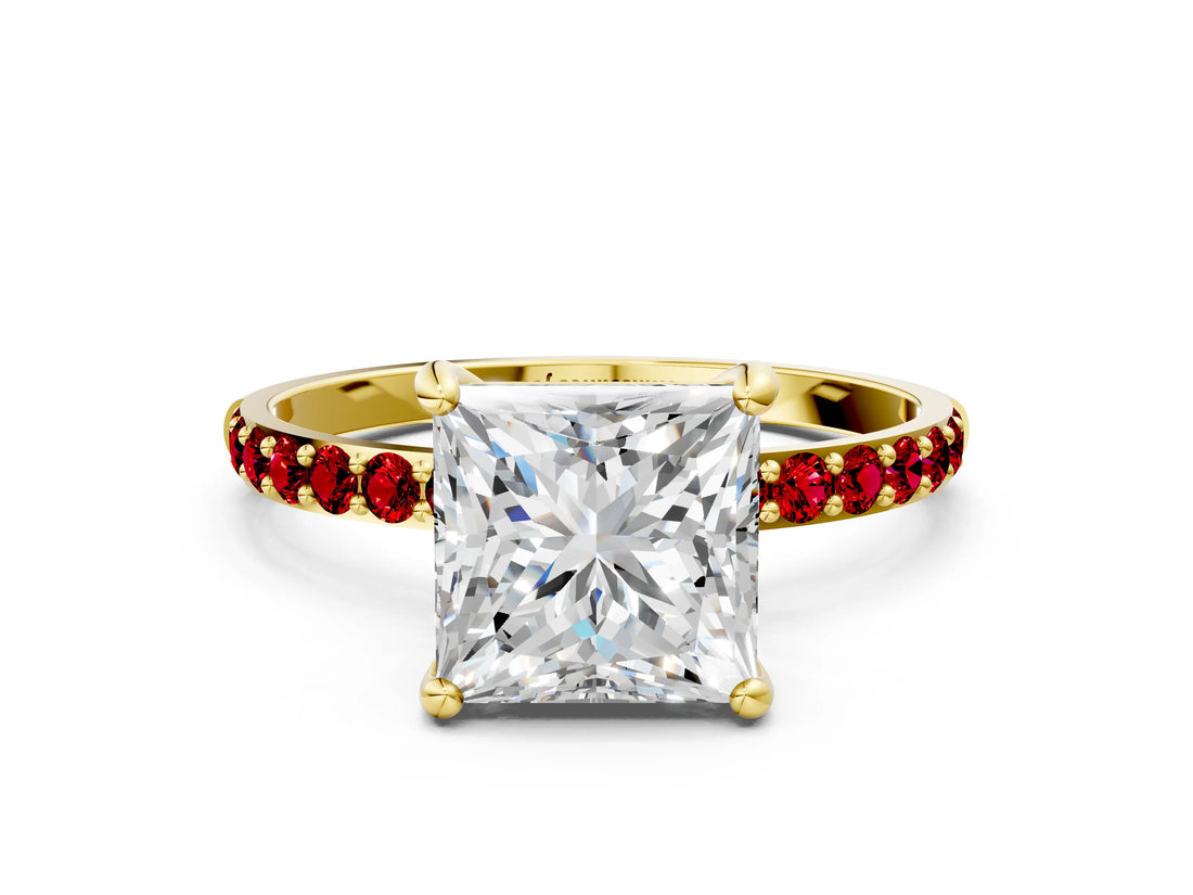 Yellow gold Princess Cut Diamond Solitaire Ring with Round with Ruby side stone Pavé Band and Prong Setting_57