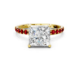 Yellow gold Princess Cut Diamond Solitaire Ring with Round with Ruby side stone Pavé Band and Prong Setting_57