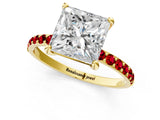 Yellow gold Princess Cut Diamond Solitaire Ring with Round with Ruby side stone Pavé Band and Prong Setting_58