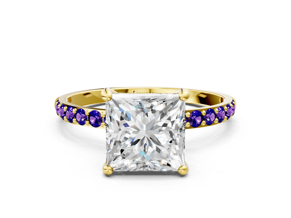 Yellow gold Princess Cut Diamond Solitaire Ring with Round with Tanzanite side stone Pavé Band and Prong Setting_12