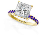 Yellow gold Princess Cut Diamond Solitaire Ring with Round with Tanzanite side stone Pavé Band and Prong Setting_13