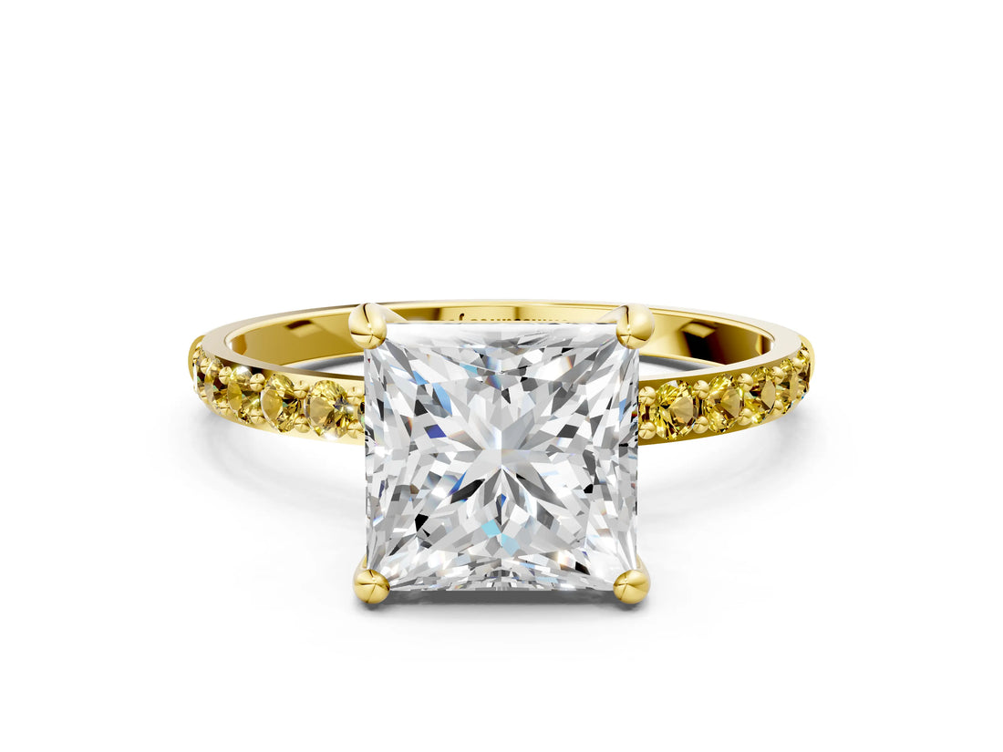 Yellow gold Princess Cut Diamond Solitaire Ring with Round with Yellow Sapphire side stone Pavé Band and Prong Setting_12