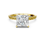 Yellow gold Princess Cut Diamond Solitaire Ring with Round with Yellow Sapphire side stone Pavé Band and Prong Setting_12