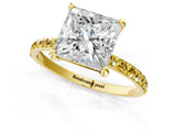 Yellow gold Princess Cut Diamond Solitaire Ring with Round with Yellow Sapphire side stone Pavé Band and Prong Setting_13