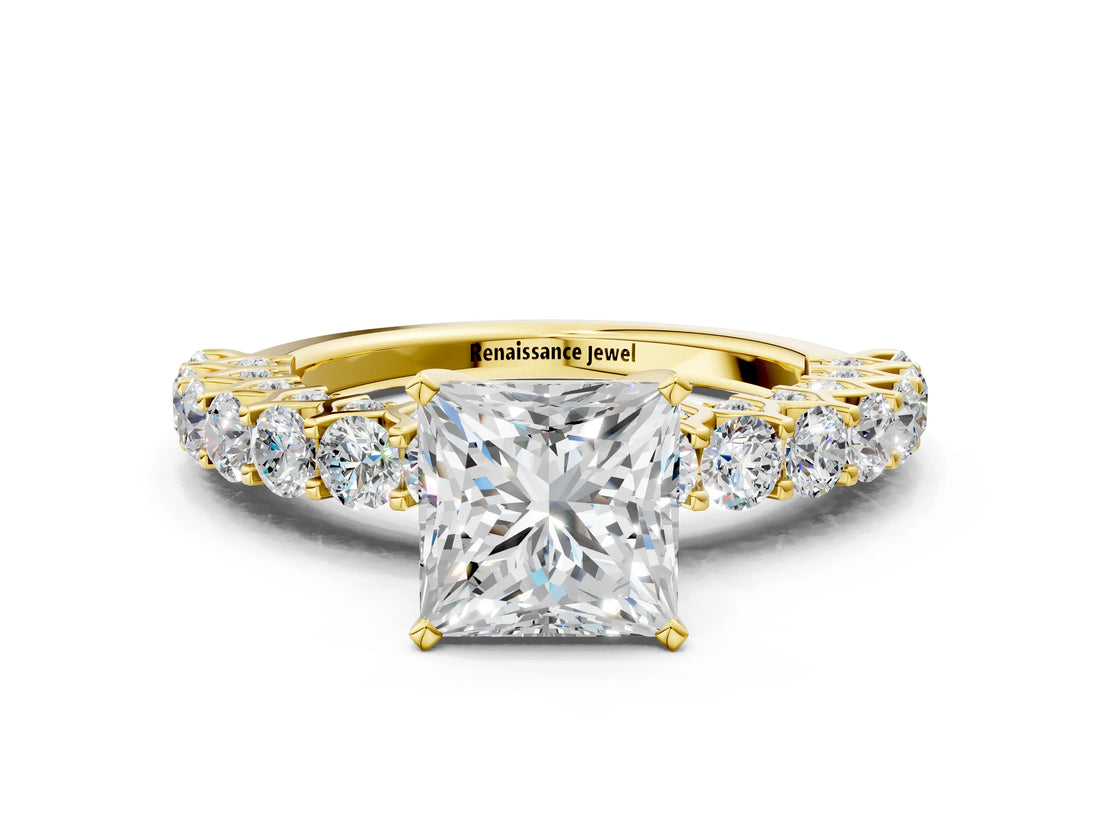 Yellow gold Princess Cut Diamond Solitaire Ring with Shared Prong Pavé Band and Four-Prong Setting_82