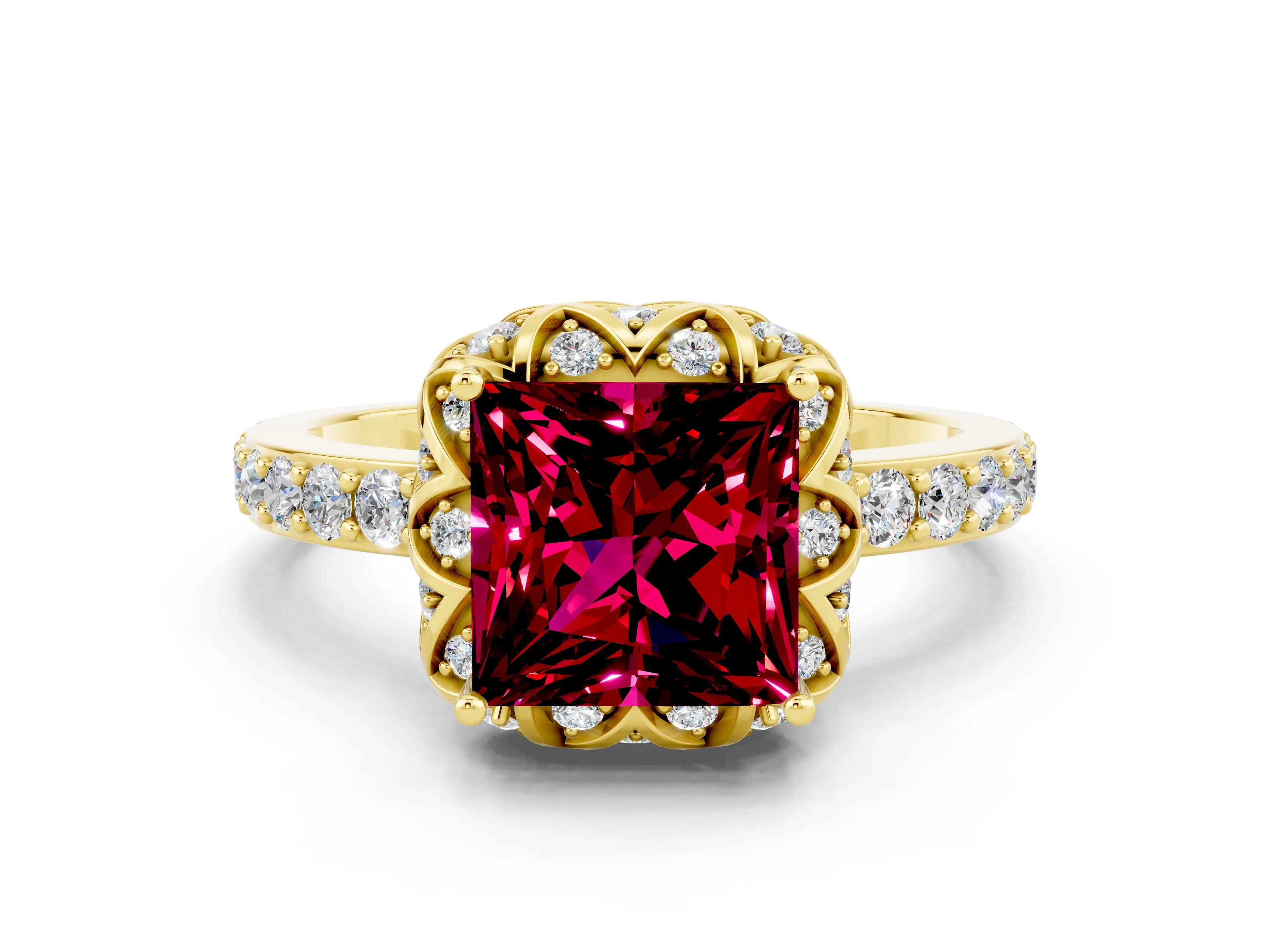 Yellow gold Princess Cut Diamond Solitaire Ring with Shared Prong Pavé Band