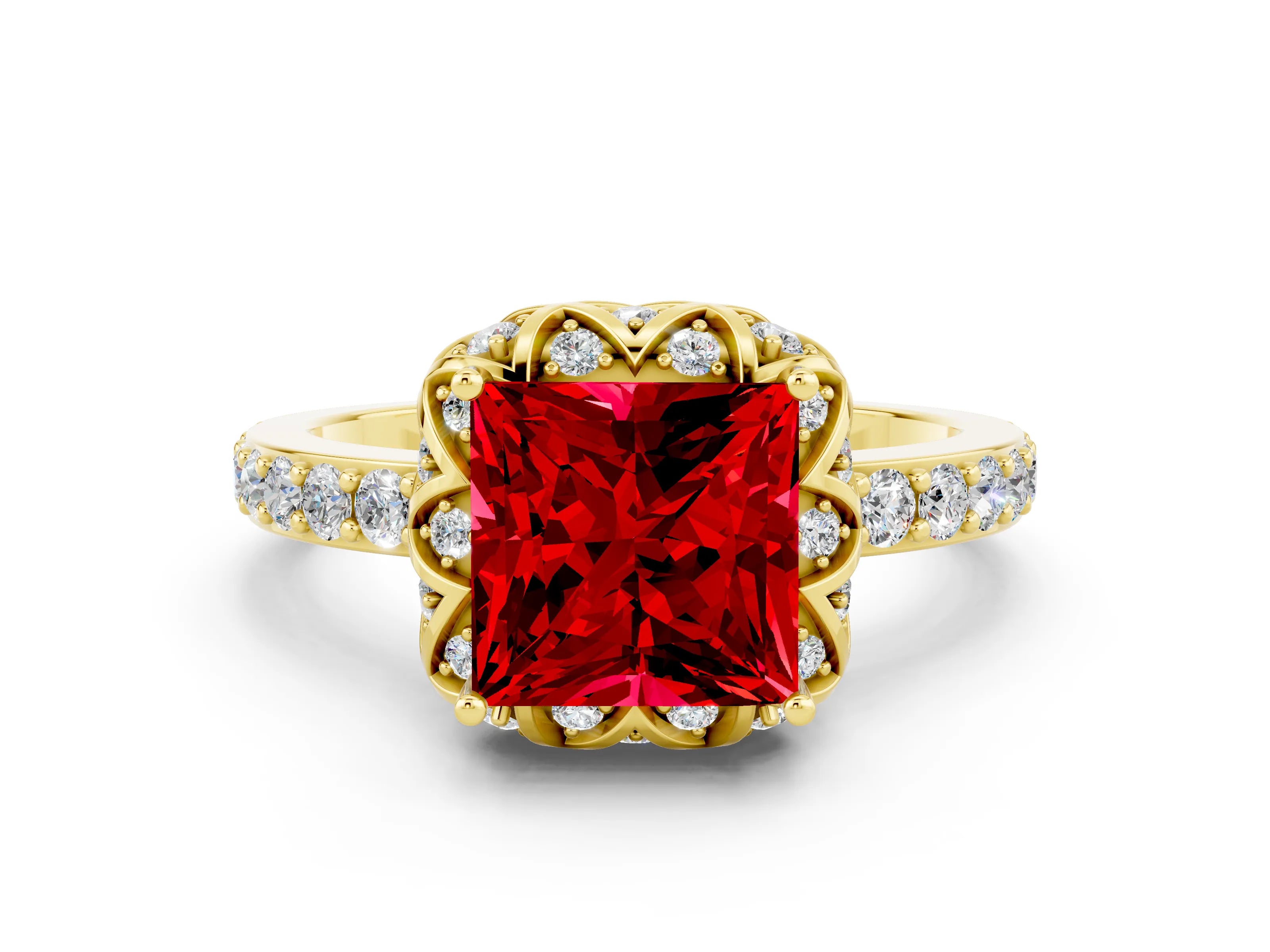 Yellow gold Princess Cut Diamond Solitaire Ring with Shared Prong Pavé Band