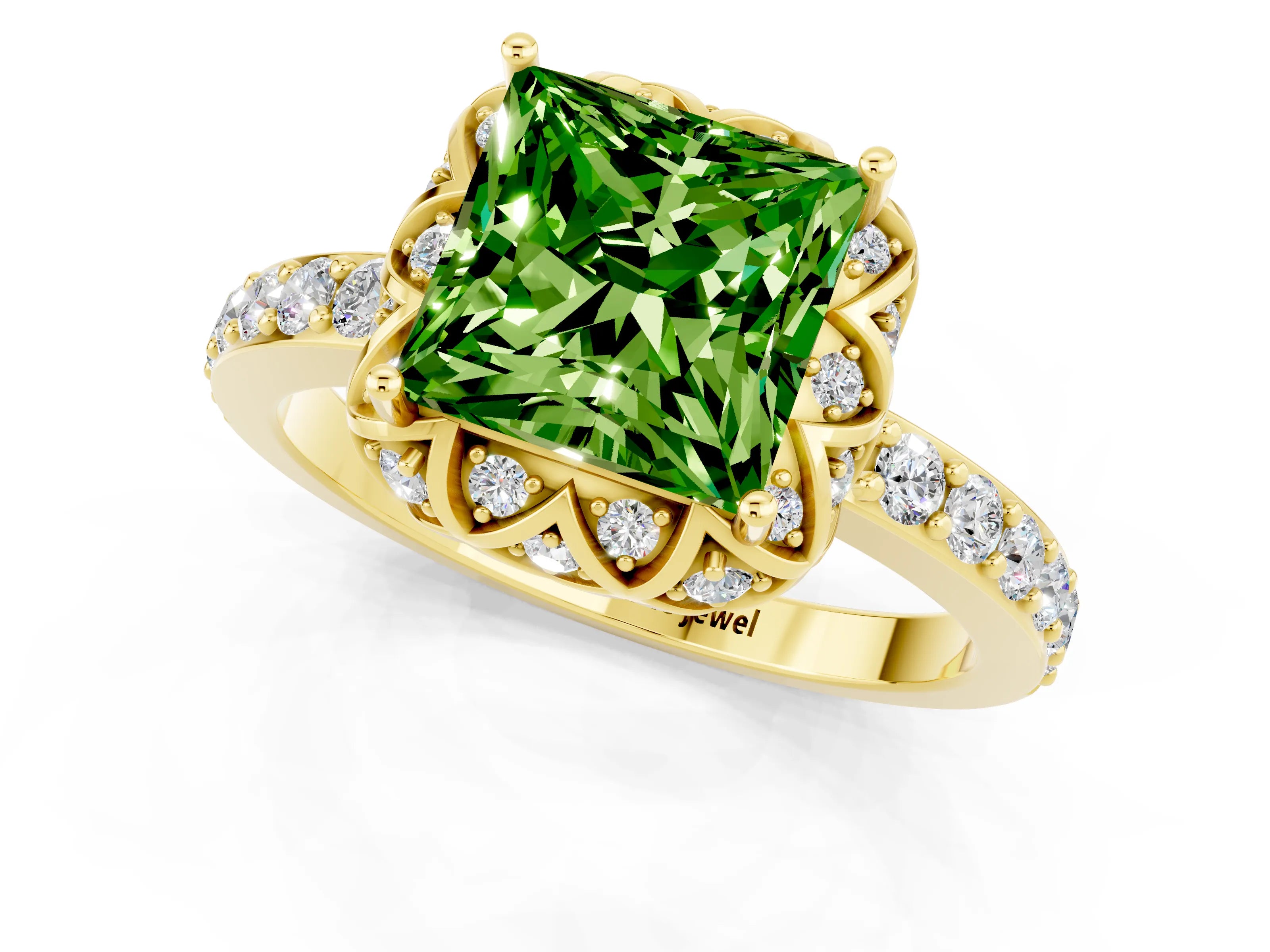 Yellow gold Princess Cut Diamond Solitaire Ring with Shared Prong Pavé Band_1