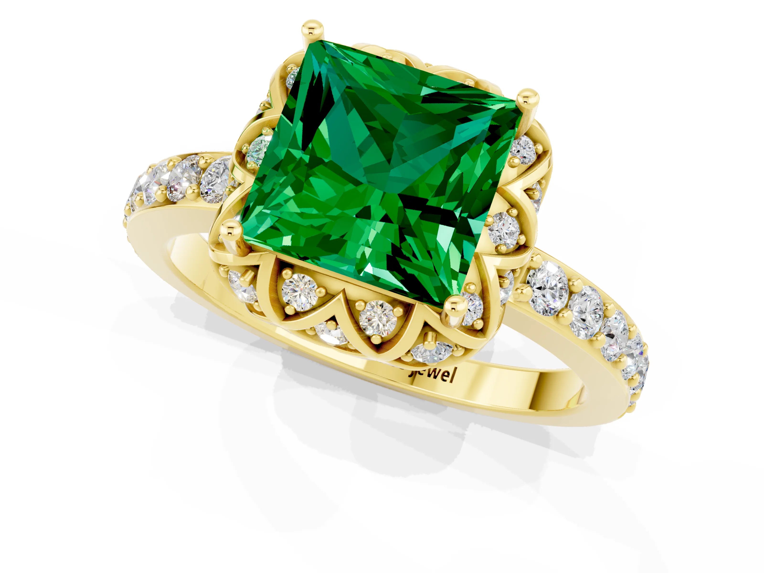 Yellow gold Princess Cut Diamond Solitaire Ring with Shared Prong Pavé Band_1