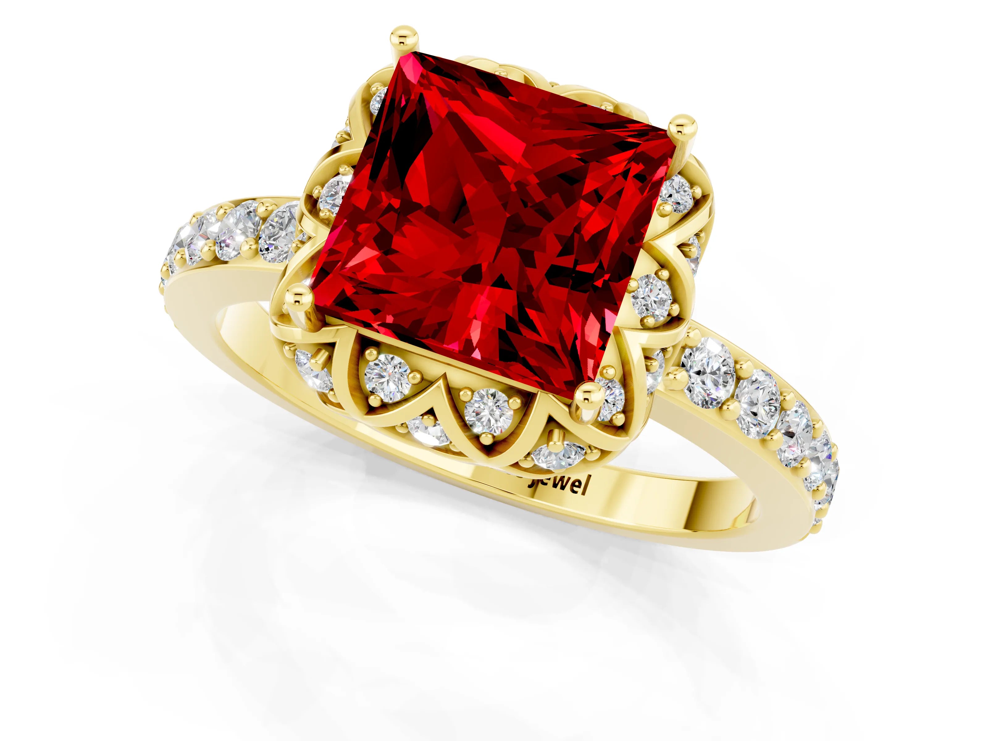 Yellow gold Princess Cut Diamond Solitaire Ring with Shared Prong Pavé Band_1