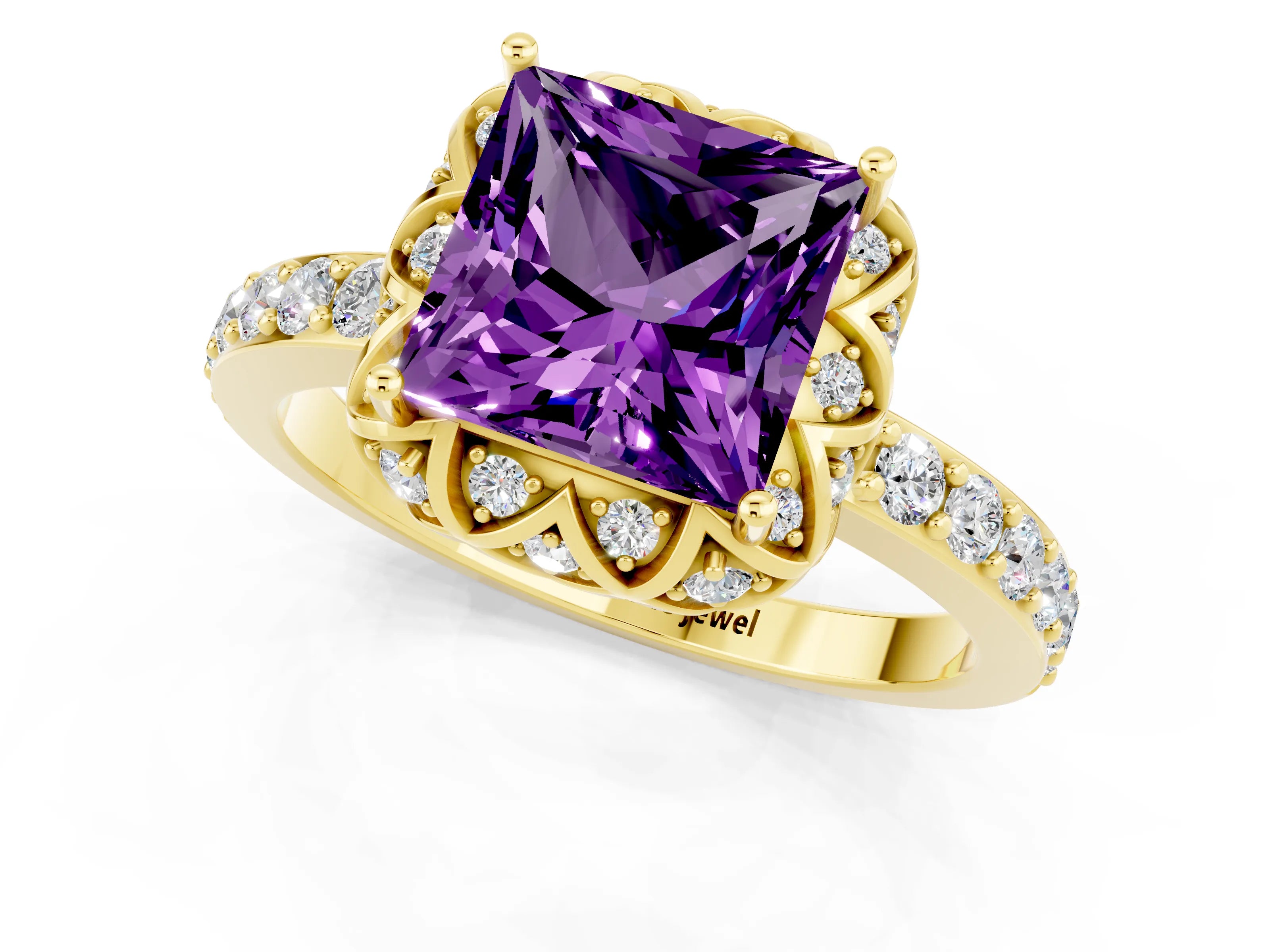 Yellow gold Princess Cut Diamond Solitaire Ring with Shared Prong Pavé Band_1