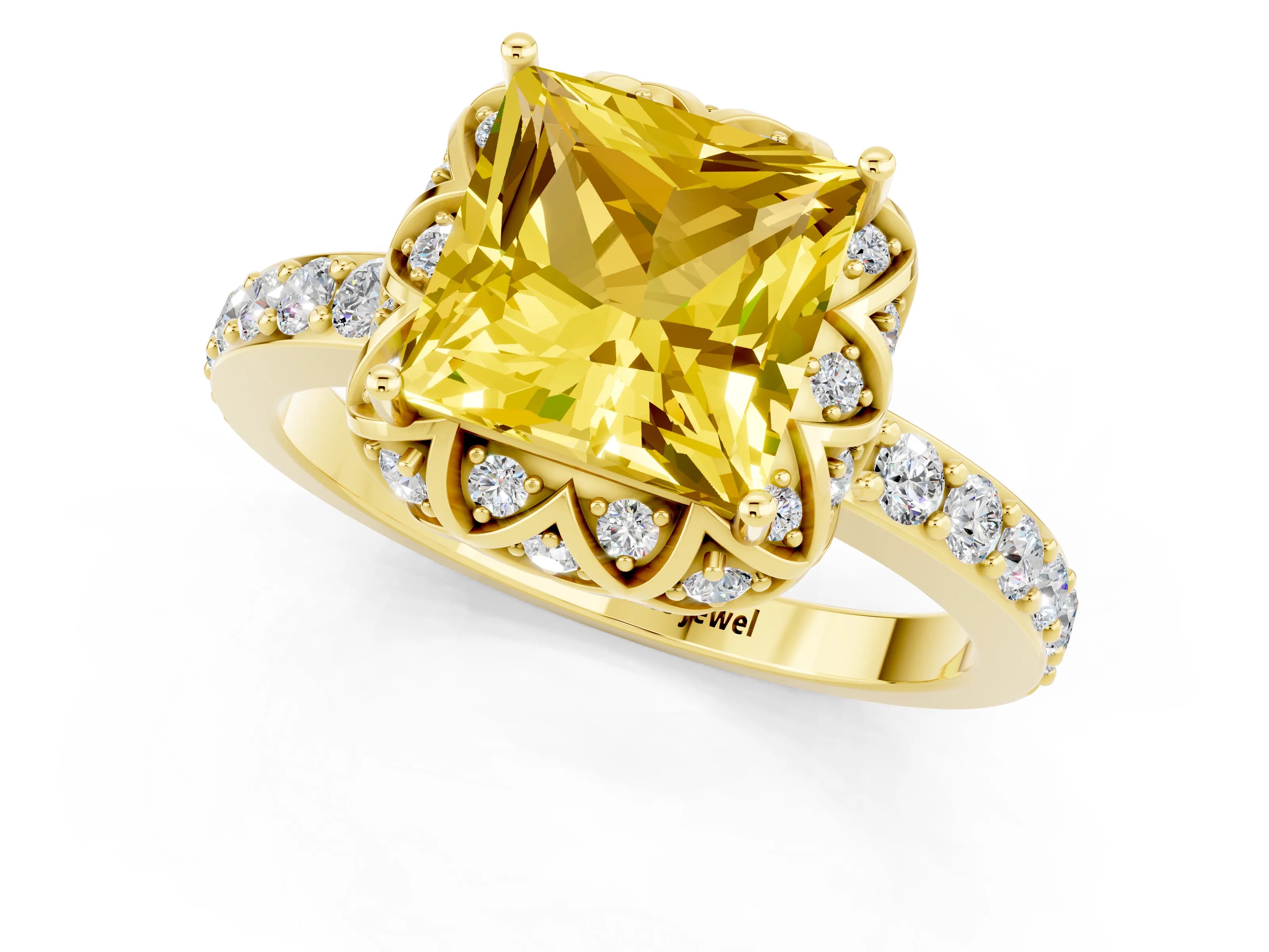 Yellow gold Princess Cut Diamond Solitaire Ring with Shared Prong Pavé Band_1