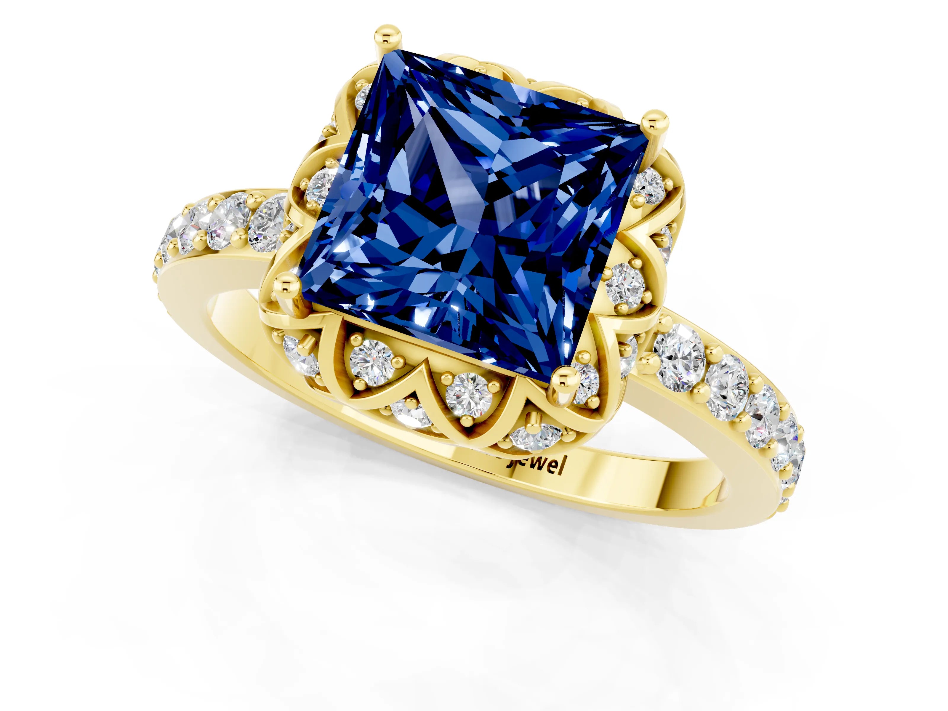 Yellow gold Princess Cut Diamond Solitaire Ring with Shared Prong Pavé Band_1