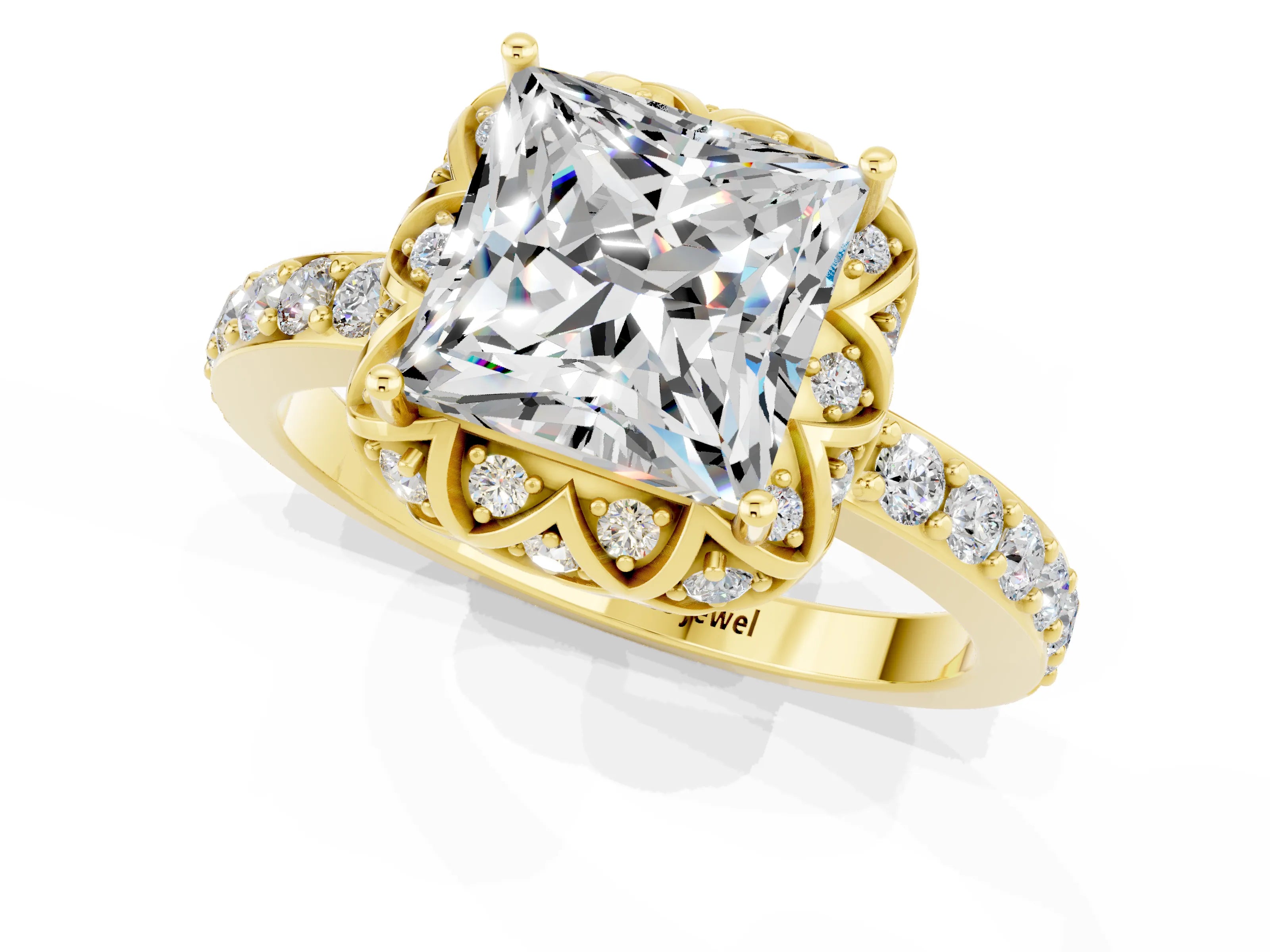 Yellow gold Princess Cut Diamond Solitaire Ring with Shared Prong Pavé Band_1