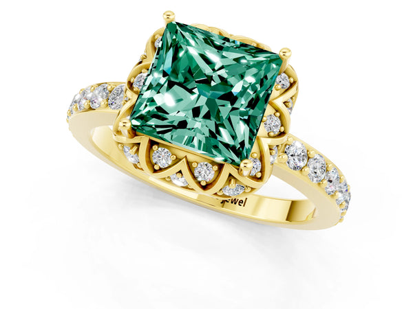 Yellow gold Princess Cut Green Sapphire Scalloped Halo Engagement Ring with Round Shared Prong Band
