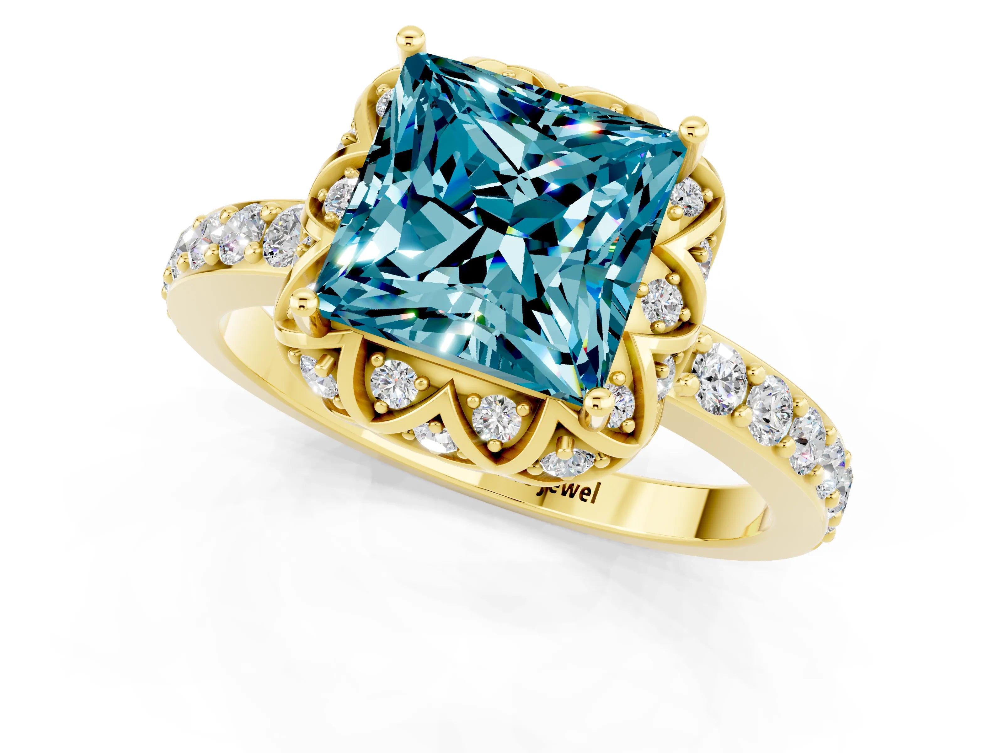 Yellow gold Princess Cut Diamond Solitaire Ring with Shared Prong Pavé Band_1