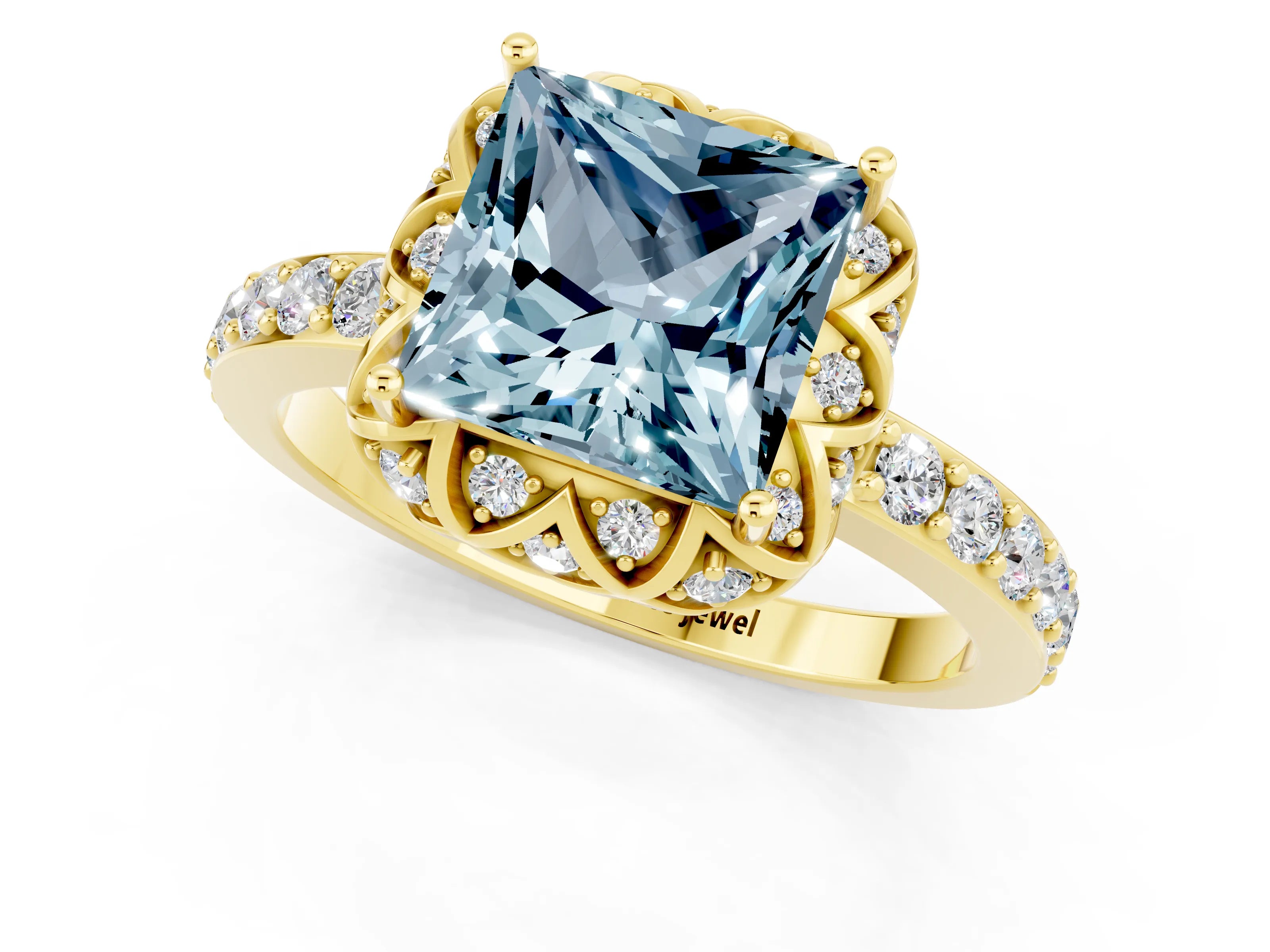 Yellow gold Princess Cut Diamond Solitaire Ring with Shared Prong Pavé Band_1