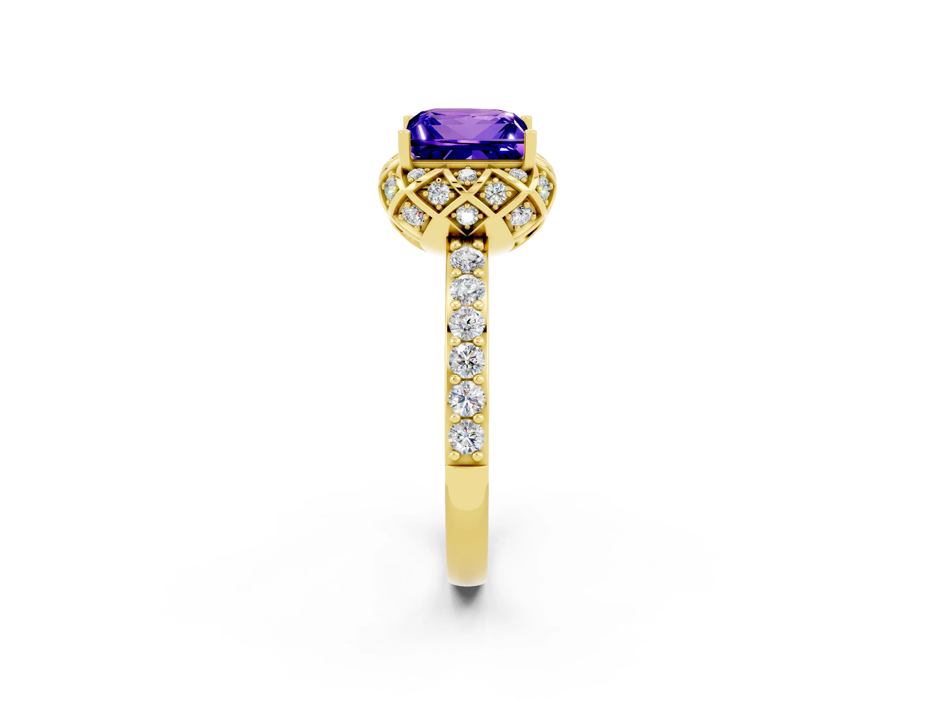 Yellow gold Princess Cut Diamond Solitaire Ring with Shared Prong Pavé Band_2