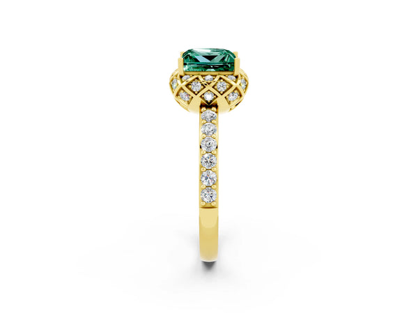 Yellow gold Princess Cut Green Sapphire Scalloped Halo Engagement Ring with Round Shared Prong Band