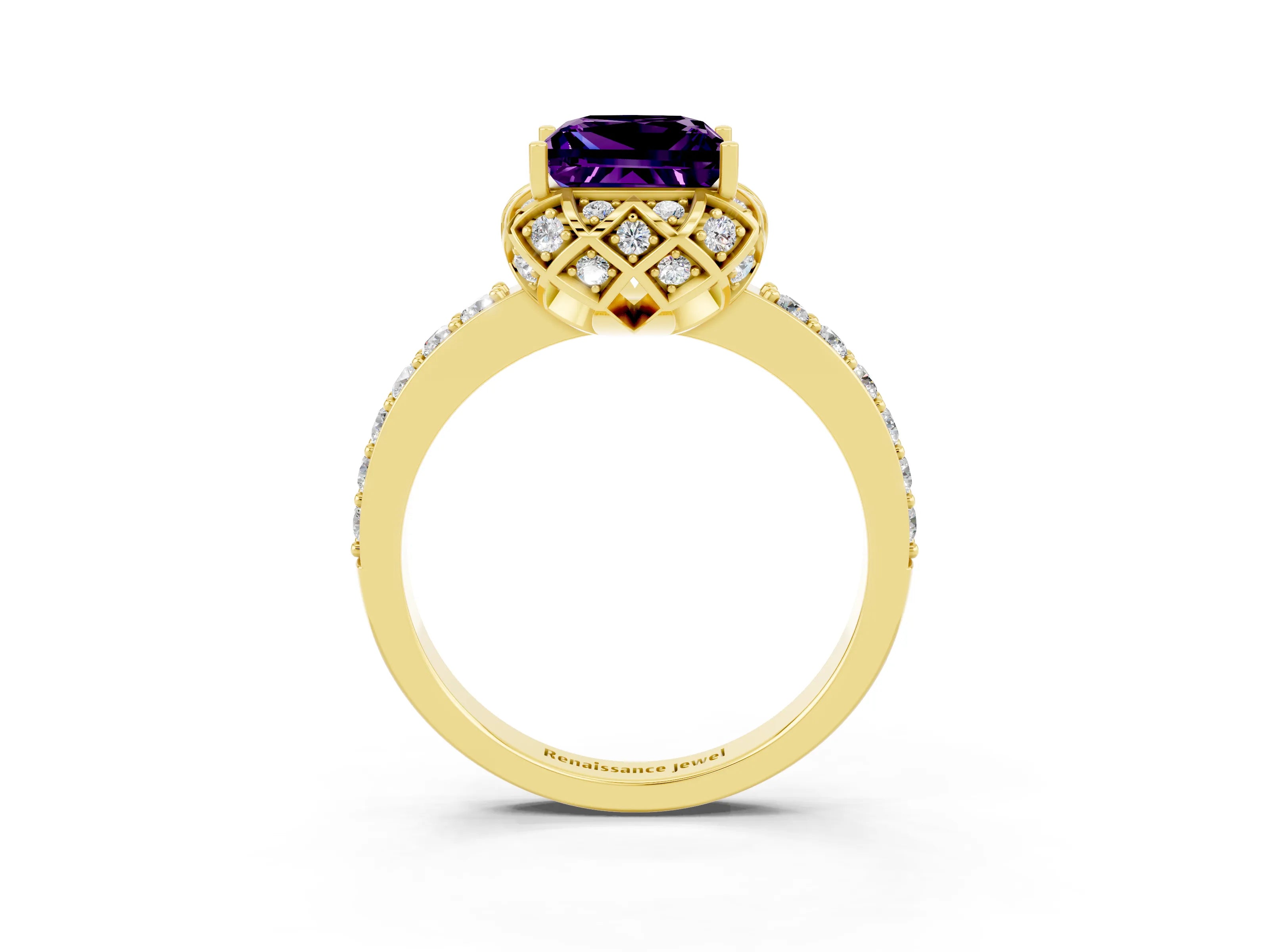 Yellow gold Princess Cut Diamond Solitaire Ring with Shared Prong Pavé Band_3
