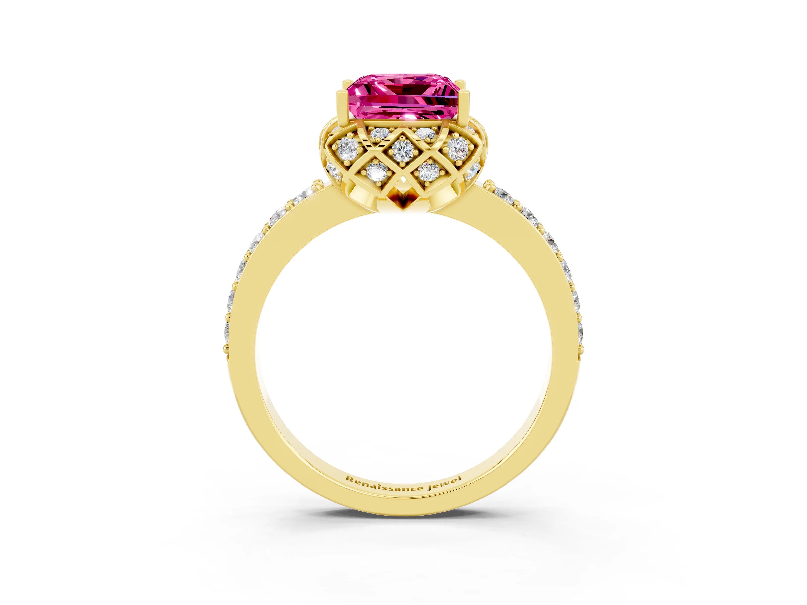 Yellow gold Princess Cut Diamond Solitaire Ring with Shared Prong Pavé Band_3