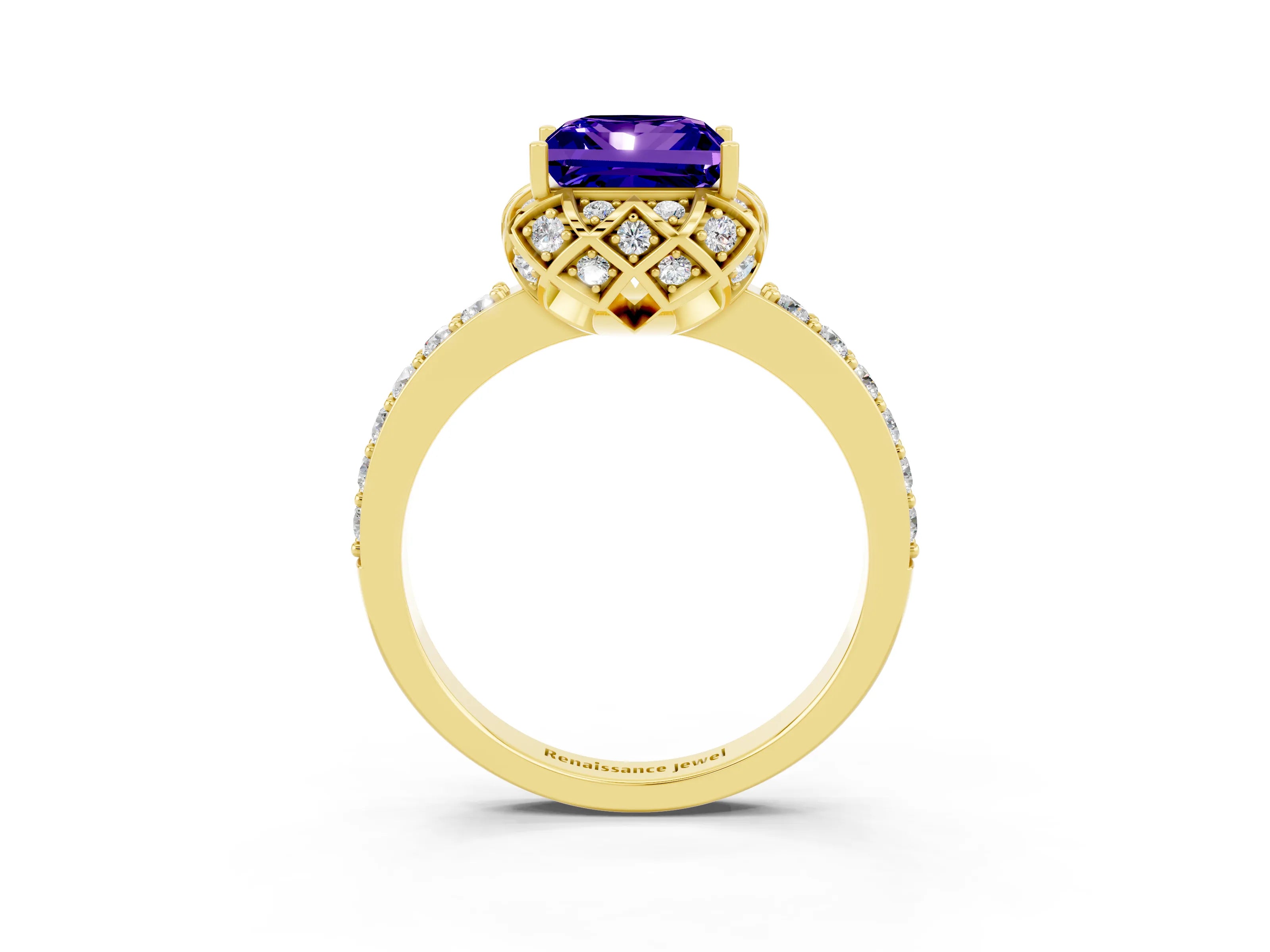 Yellow gold Princess Cut Diamond Solitaire Ring with Shared Prong Pavé Band_3