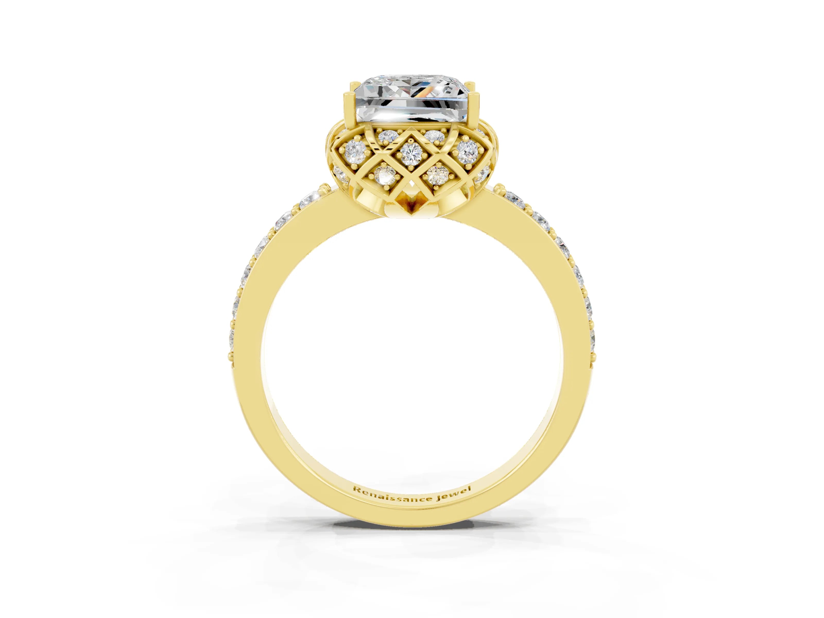 Yellow gold Princess Cut Diamond Solitaire Ring with Shared Prong Pavé Band_3