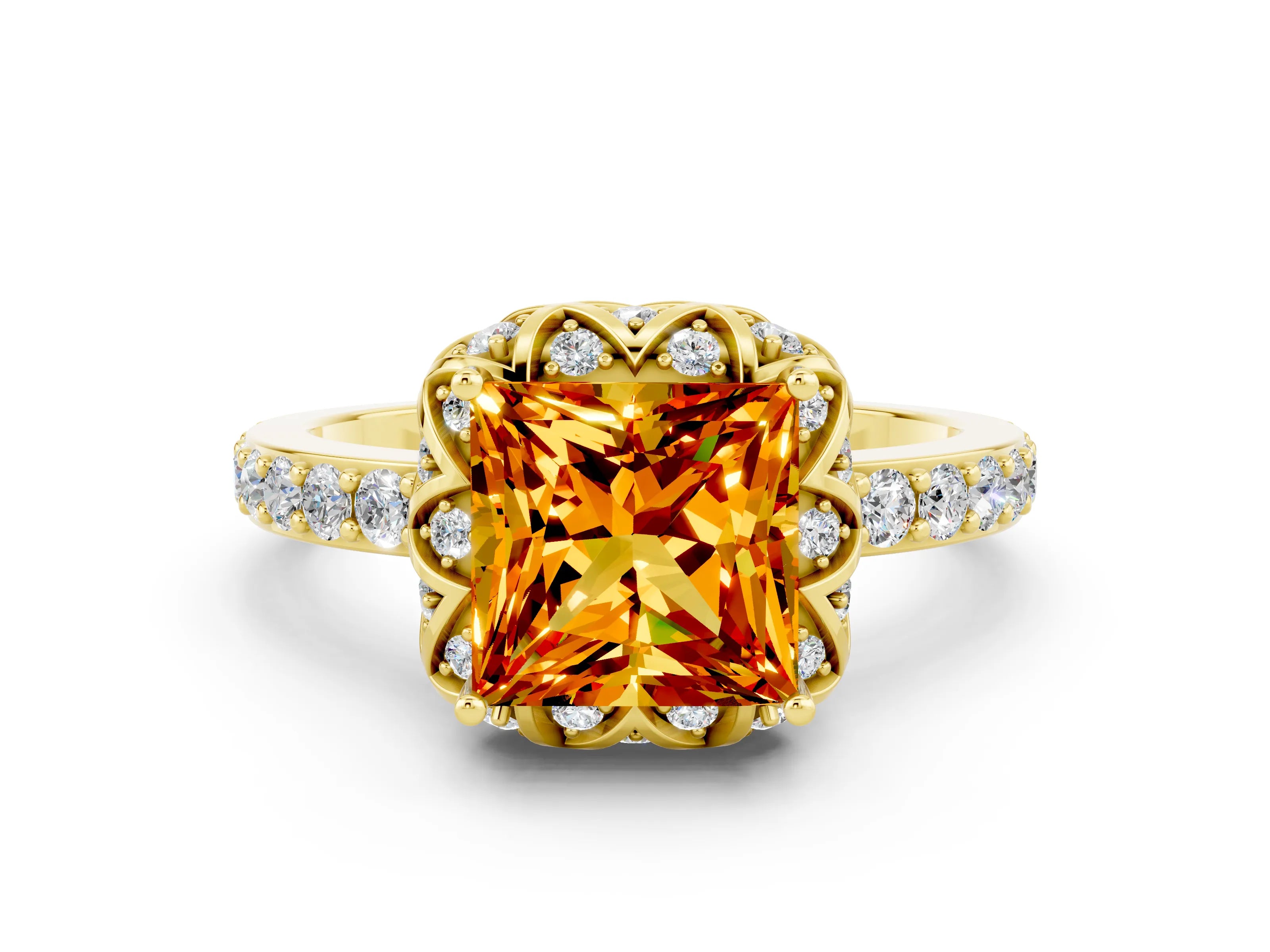 Yellow gold Princess Cut Diamond Solitaire Ring with Shared Prong Pavé Band