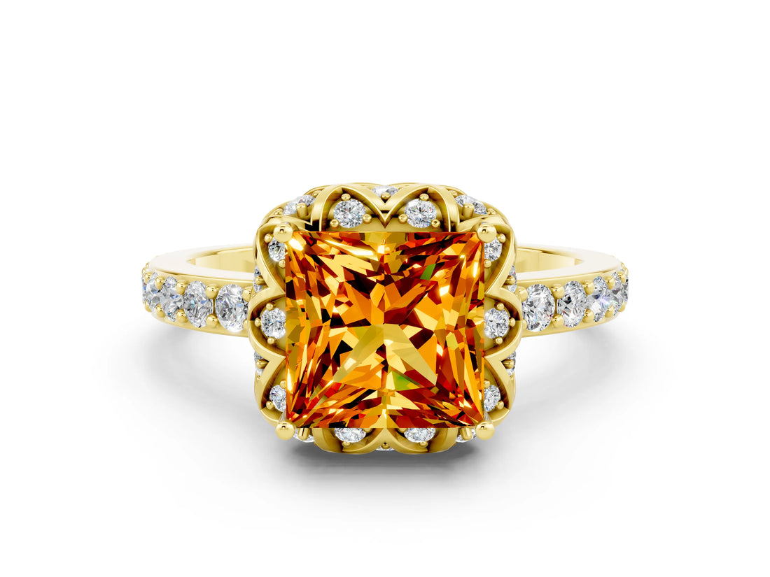 Yellow gold Princess Cut Diamond Solitaire Ring with Shared Prong Pavé Band