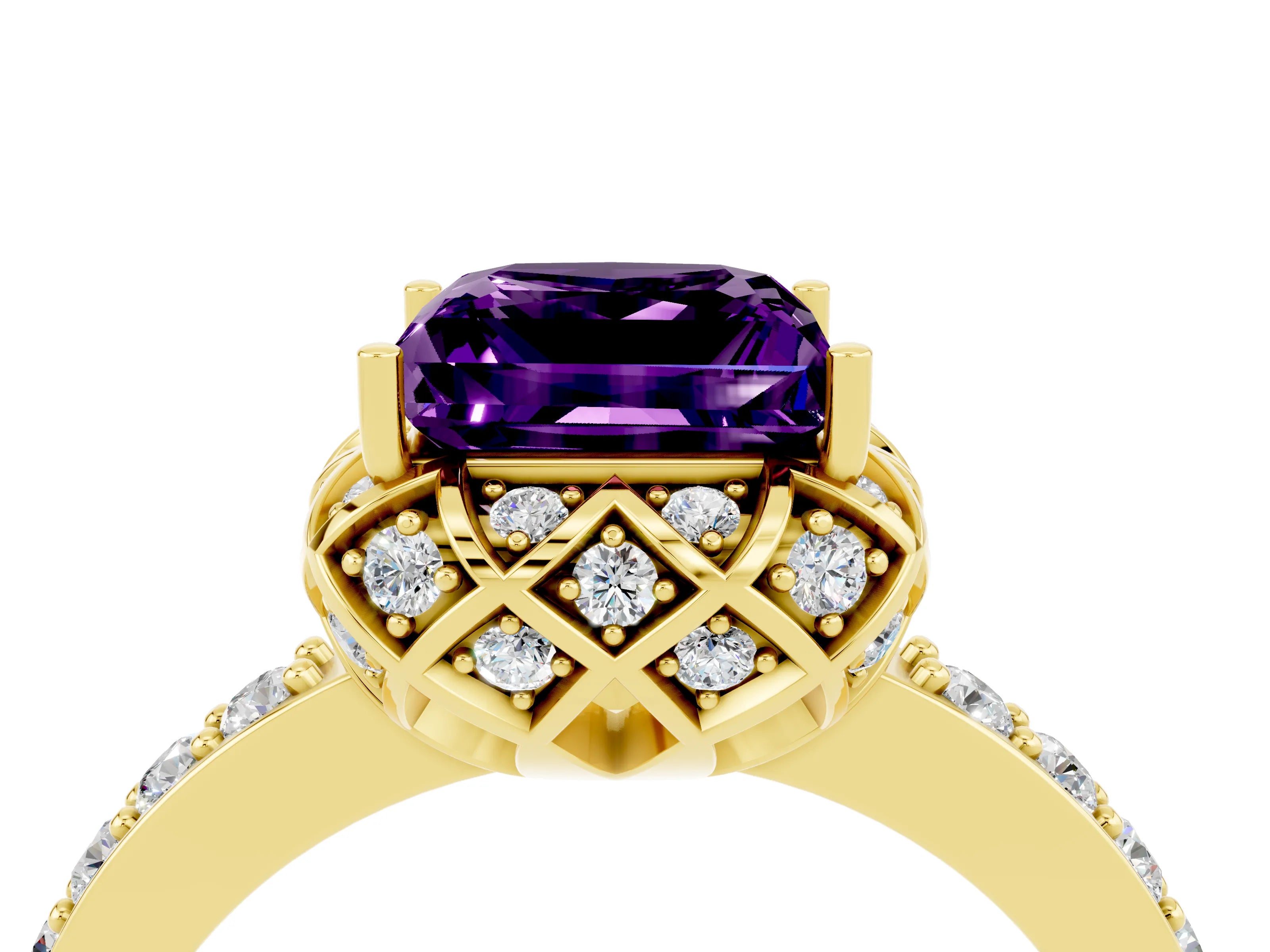 Yellow gold Princess Cut Diamond Solitaire Ring with Shared Prong Pavé Band_4