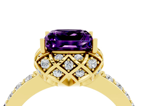 Yellow gold Princess Cut Diamond Solitaire Ring with Shared Prong Pavé Band_4