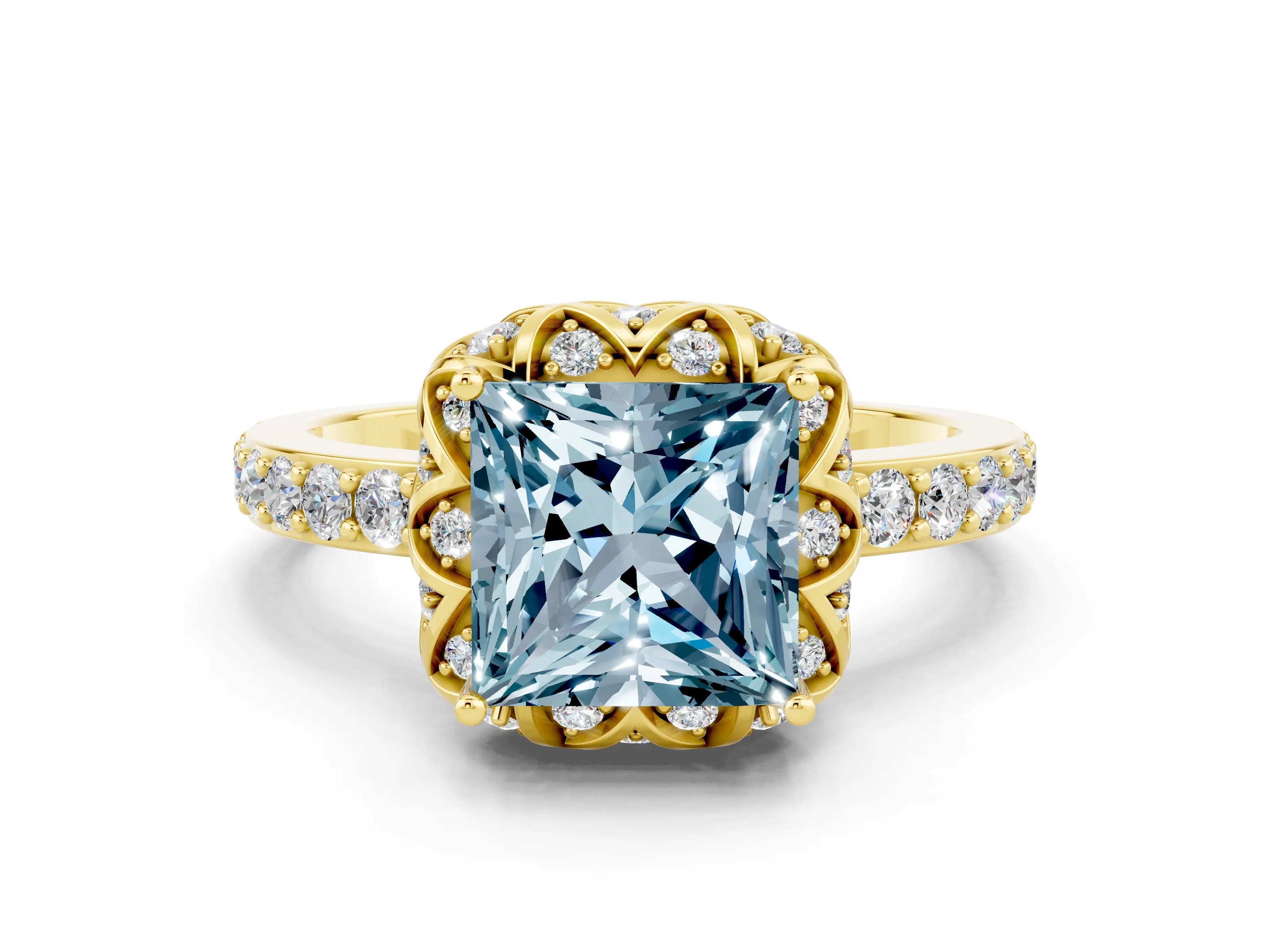 Yellow gold Princess Cut Diamond Solitaire Ring with Shared Prong Pavé Band