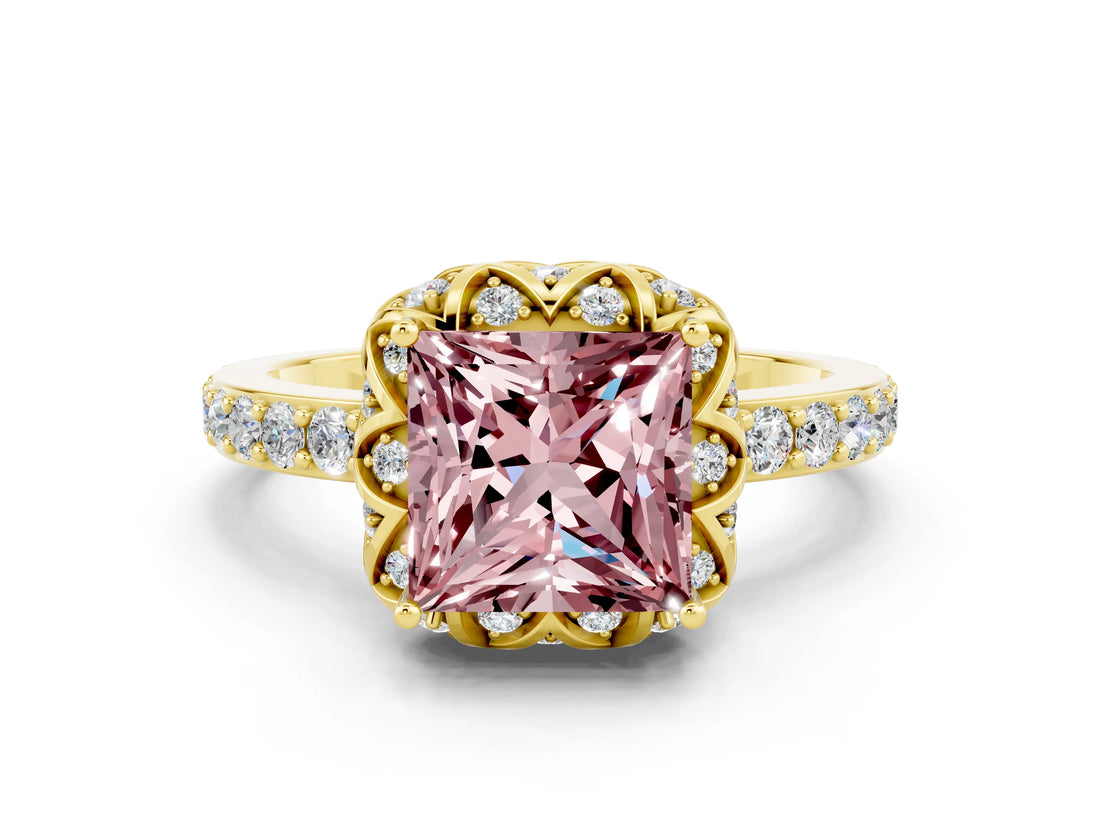 Yellow gold Princess Cut Diamond Solitaire Ring with Shared Prong Pavé Band