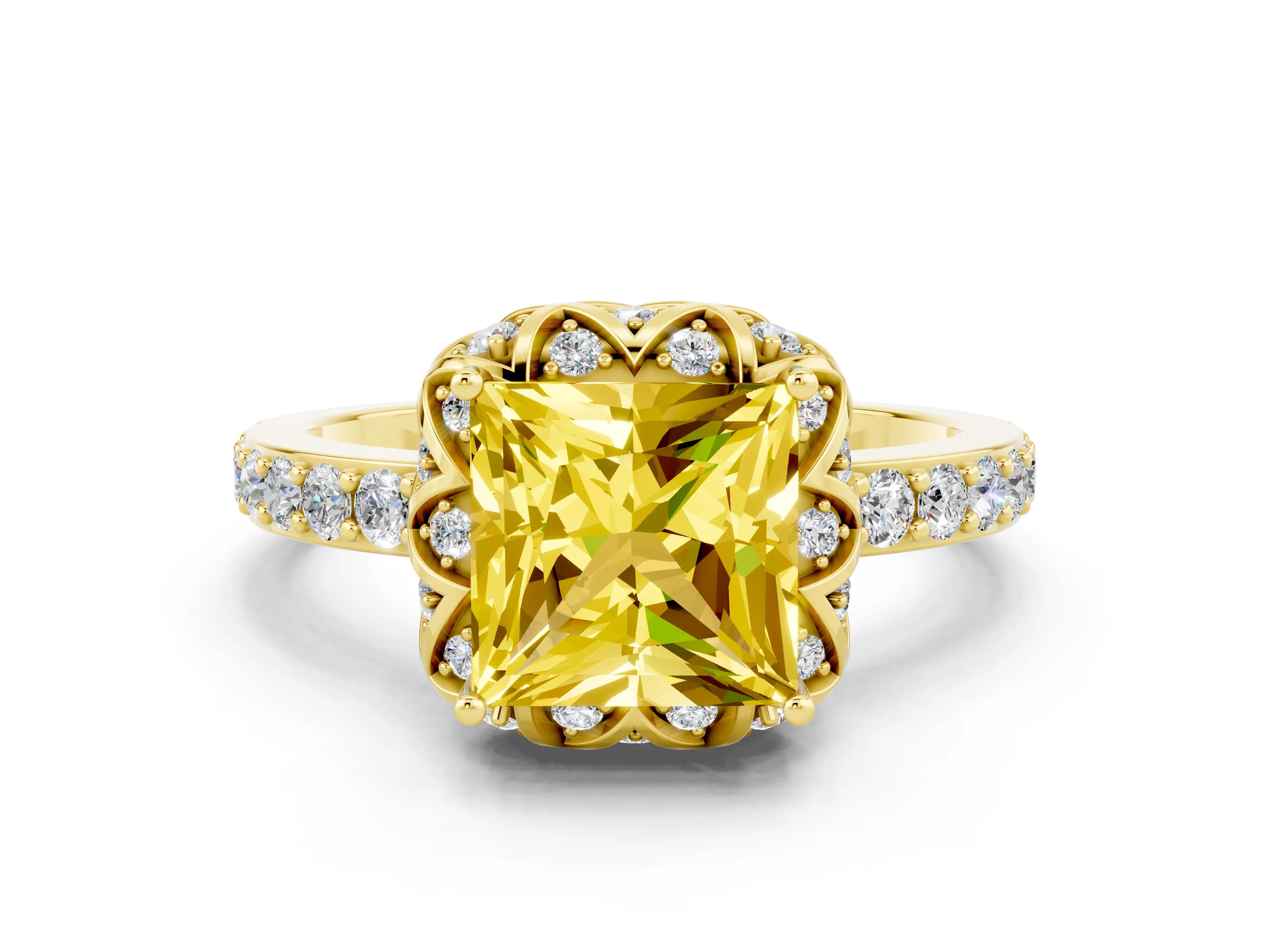 Yellow gold Princess Cut Diamond Solitaire Ring with Shared Prong Pavé Band