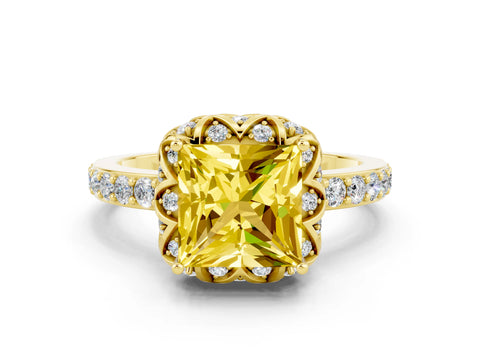 Yellow gold Princess Cut Diamond Solitaire Ring with Shared Prong Pavé Band