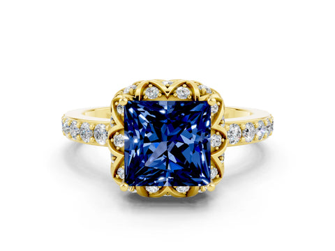 Yellow gold Princess Cut Diamond Solitaire Ring with Shared Prong Pavé Band