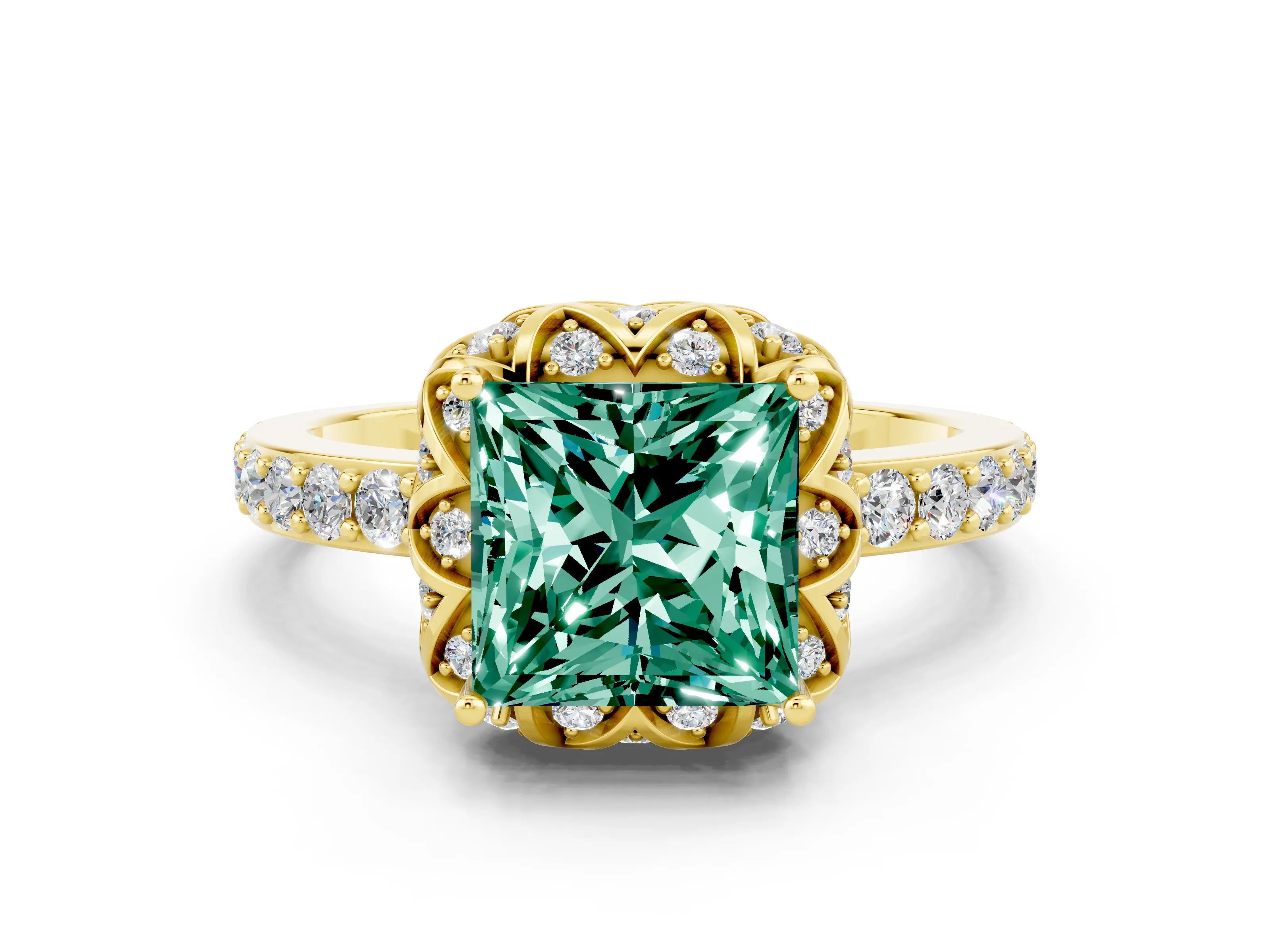 Yellow gold Princess Cut Diamond Solitaire Ring with Shared Prong Pavé Band