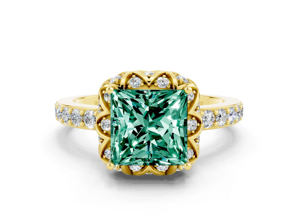 Yellow gold Princess Cut Green Sapphire Scalloped Halo Engagement Ring with Round Shared Prong Band