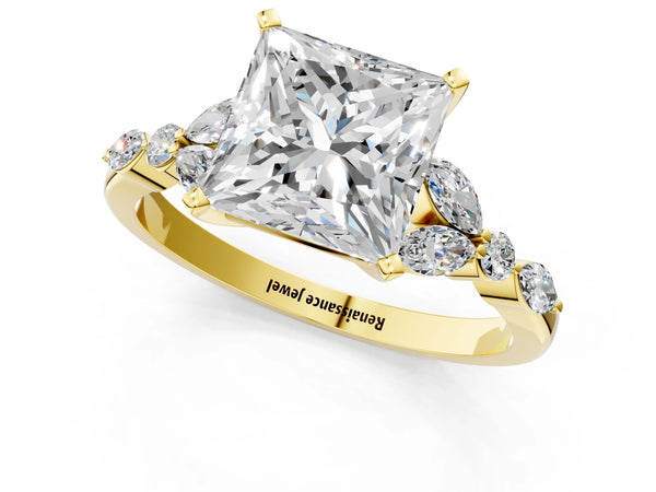 Yellow Gold Princess Cut Marquise Side Stone Engagement Ring Setting