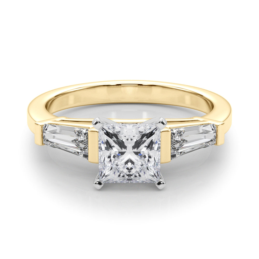 Yellow gold Princess Cut Diamond Solitaire Ring with Tapered Baguette Accents and Four-Prong Setting 1