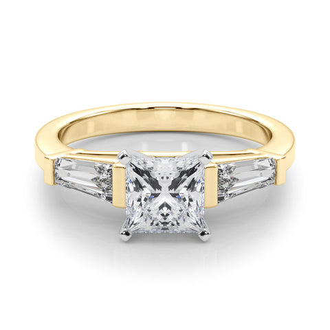 Yellow gold Princess Cut Diamond Solitaire Ring with Tapered Baguette Accents and Four-Prong Setting 1