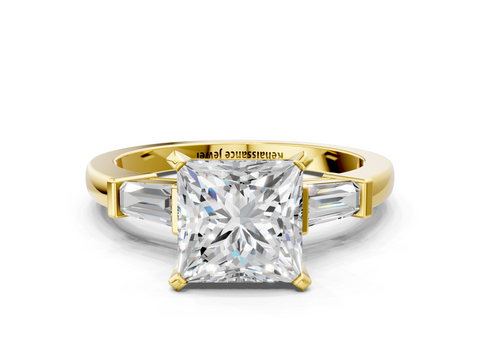 Yellow gold Princess Cut Diamond Solitaire Ring with Tapered Baguette Accents and Four-Prong Setting_74