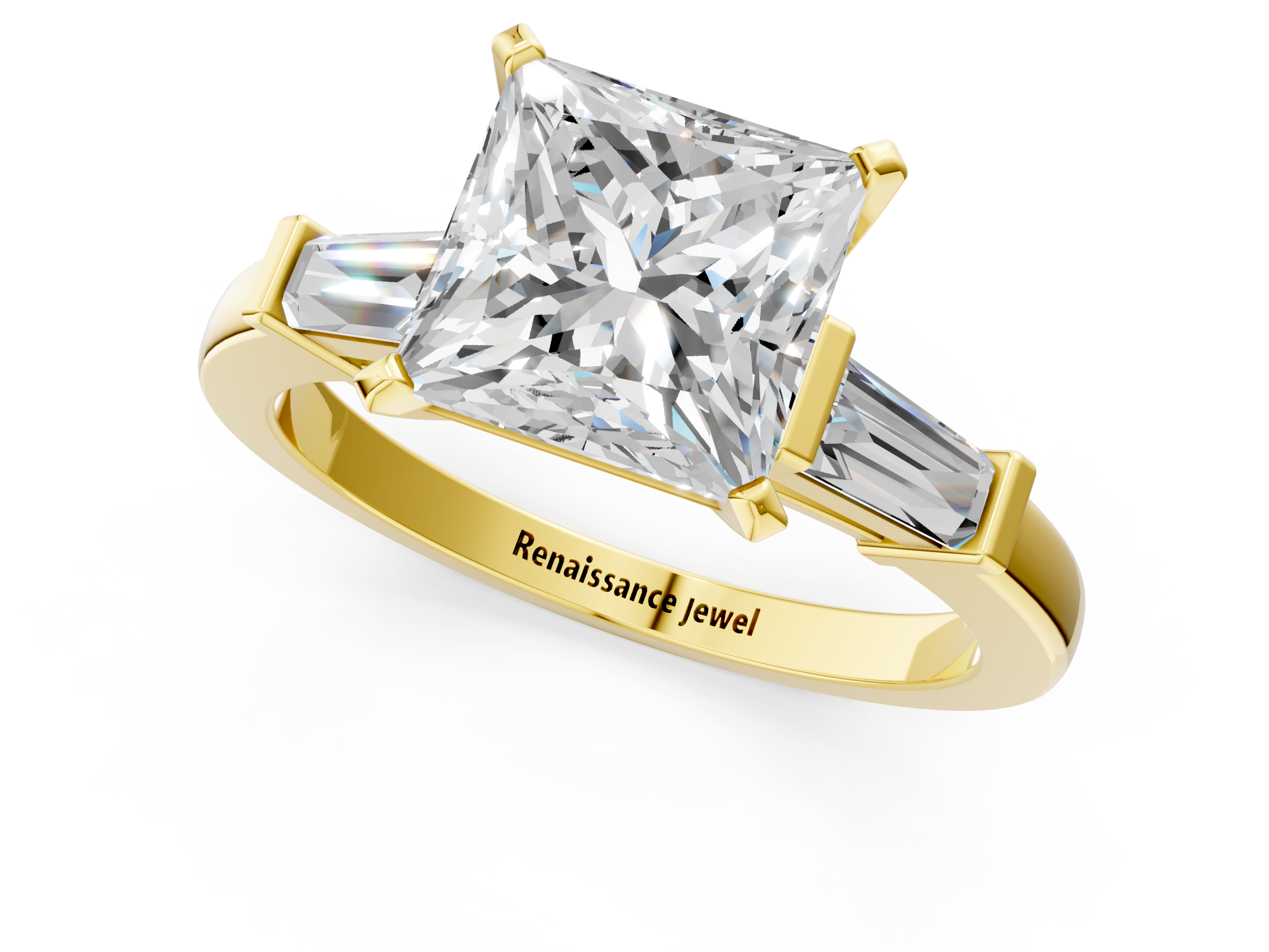 Yellow gold Princess Cut Diamond Solitaire Ring with Tapered Baguette Accents and Four-Prong Setting_75