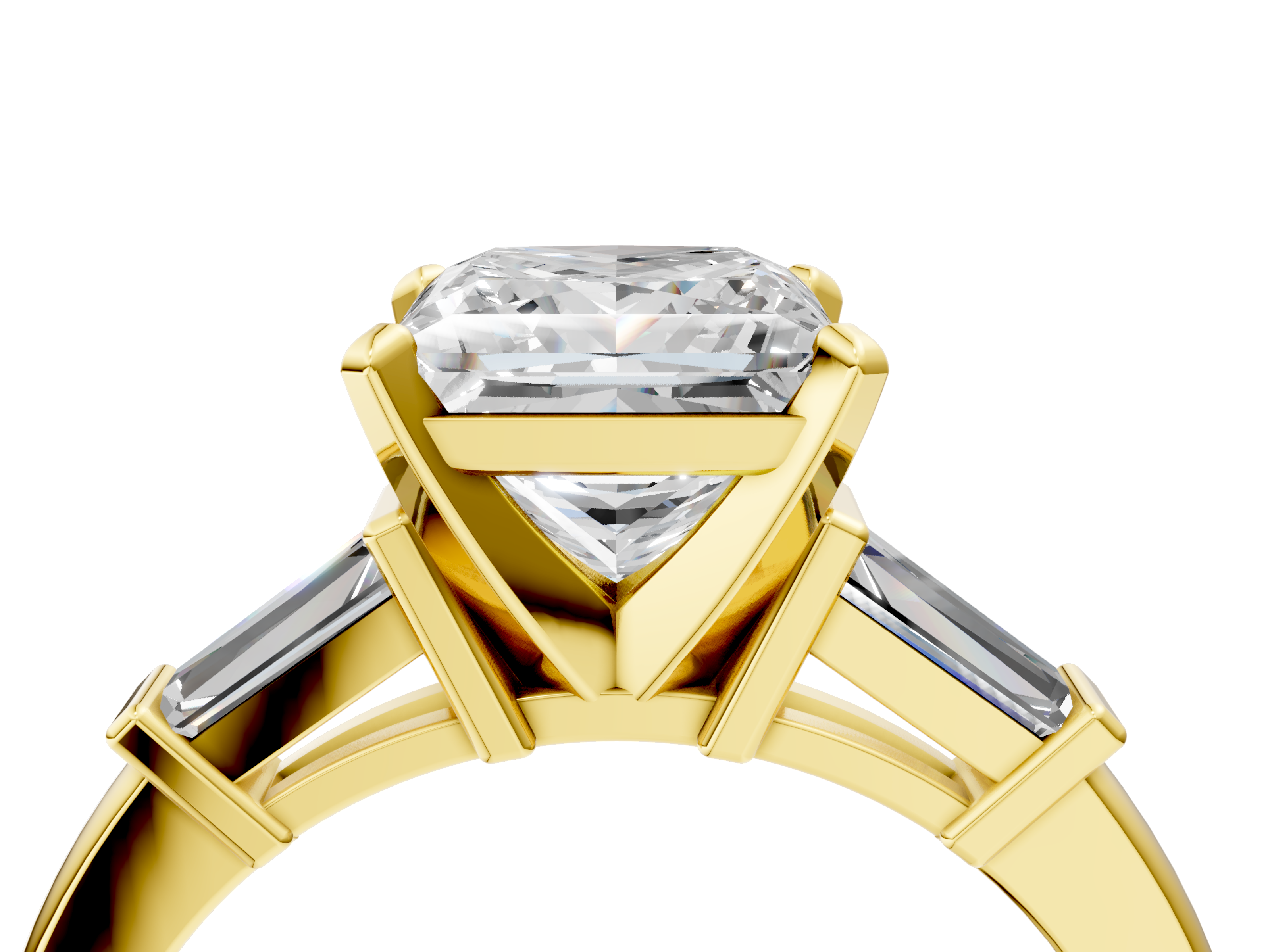Yellow gold Princess Cut Diamond Solitaire Ring with Tapered Baguette Accents and Four-Prong Setting_78