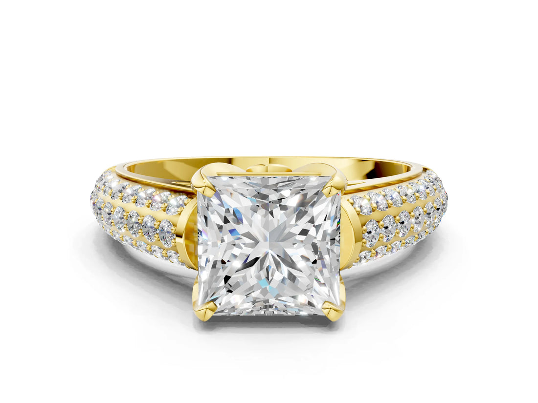 Yellow gold Princess Cut Diamond Solitaire Ring with Three-Row Pavé Band and Four-Prong Setting_48