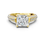 Yellow gold Princess Cut Diamond Solitaire Ring with Three-Row Pavé Band and Four-Prong Setting_48